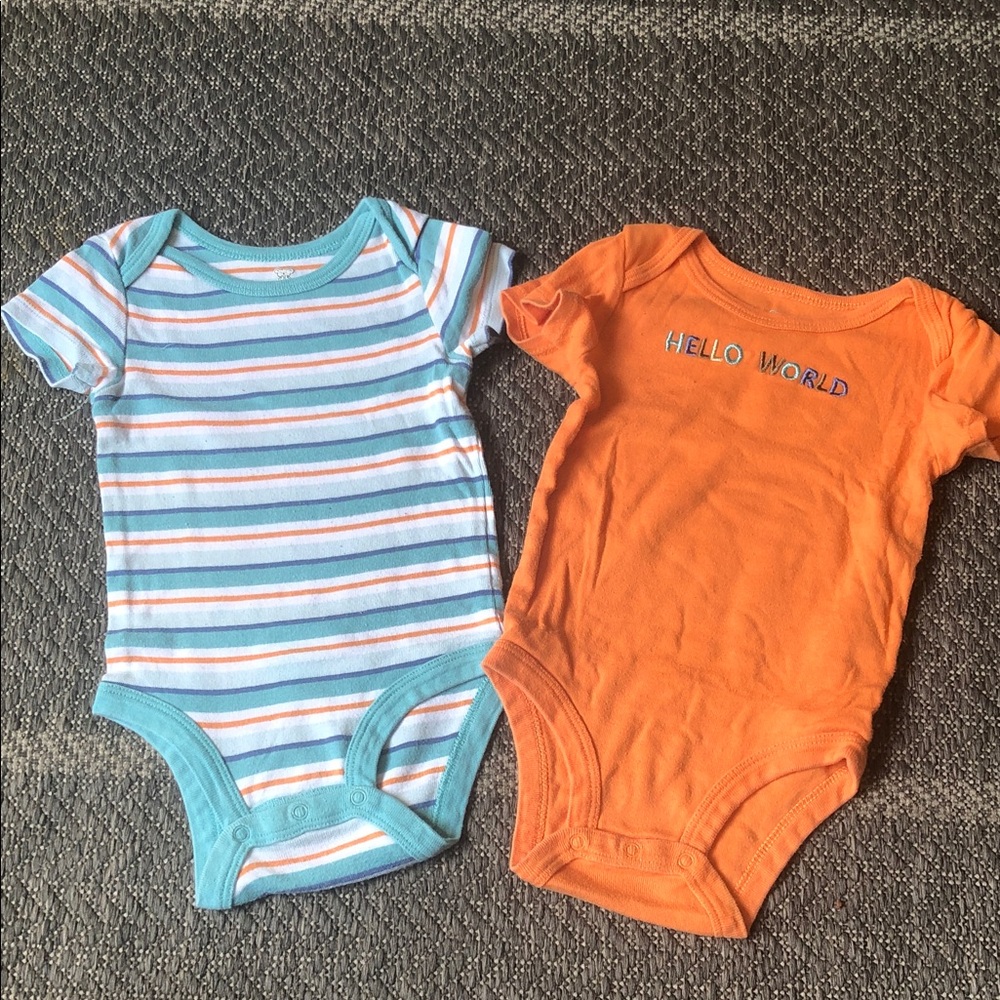 2 onesies striped and orange "Hello World" Short-Sleeve Baby Bodysuits